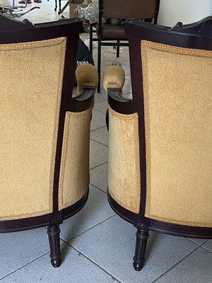 Vintage armchair set with mustard velour and carved dark wood frame
