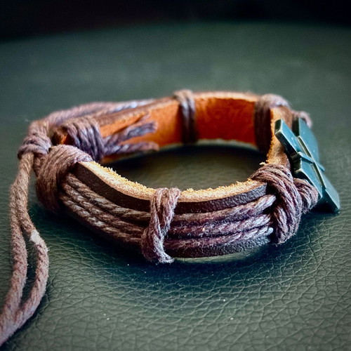 Genuine Brown Leather Cross Bracelet, M FORGE