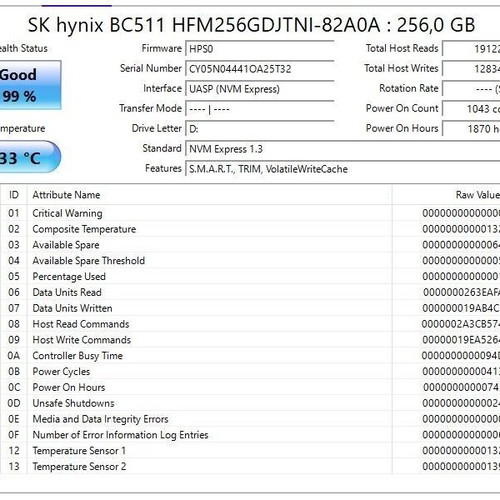 SK hynix BC511 256GB NVMe M.2 2280 SSD PCIe Gen3 x4 like new