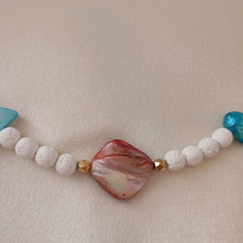Handmade women's necklace with mother of pearl and lava stone new