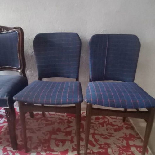 Set of 4 wooden dining chairs, carved and plain, new fabric
