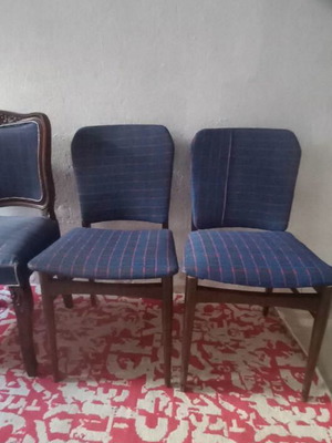 Set of 4 wooden dining chairs, carved and plain, new fabric