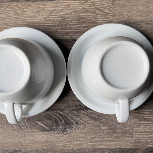 Set of 2 white coffee cups with saucers like new, minimal design