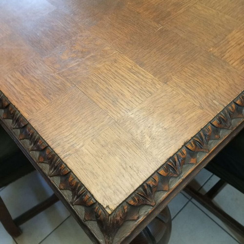 Tudor dining set used, handmade carved walnut with 6 chairs