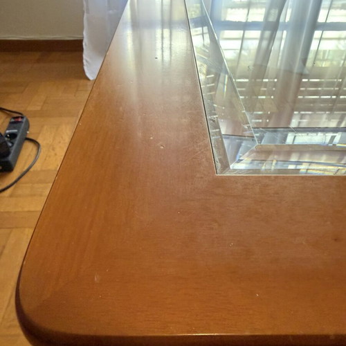 Coffee table set used, wooden with glass surfaces
