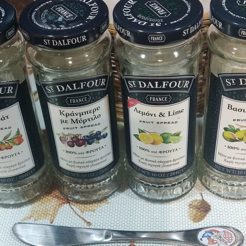 St. Dalfour empty jam jars gift basket with vintage butter knife and porcelain salt and pepper set