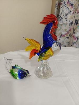 Murano glass rooster and dolphin figurines