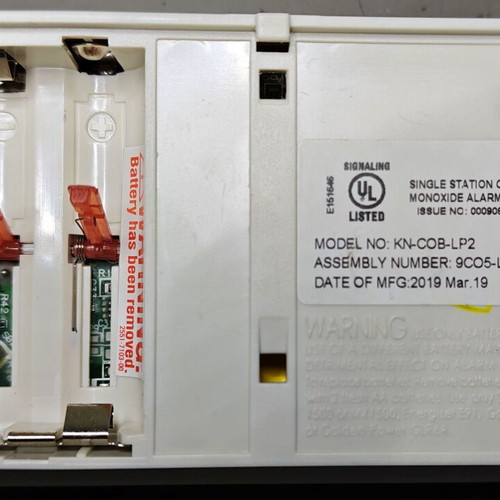 Carbon monoxide alarm used, model KN-COB-LP2, battery powered