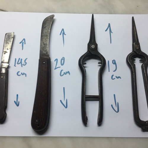 Vintage agricultural tools with grafting knife, farmer's pocket knife and pruning shears