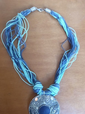 Boho necklace used with plastic pendant, gray and blue