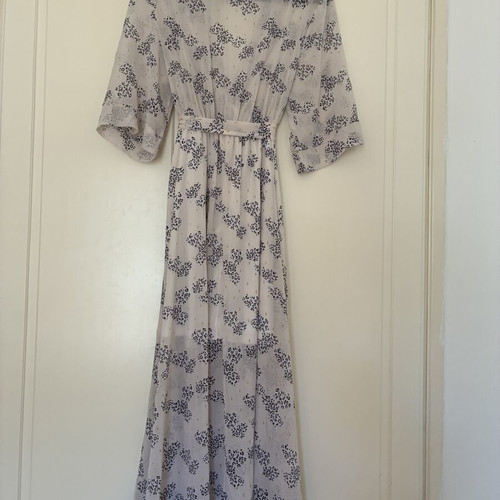 Boho Kimono Sleeve Sheer Faux Wrap Maxi Dress, Gold Lurex Print, Size S