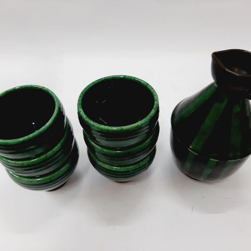 Troyan Ceramic Set like new, jug and 6 cups green and black glaze