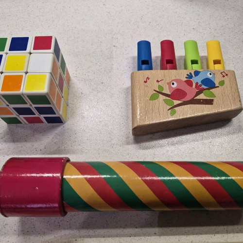 Children's toy set used with wooden SirWood xylophone and Rubik cube