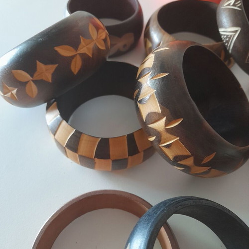 Wooden bracelets new, pack of 11, ethnic beige and brown