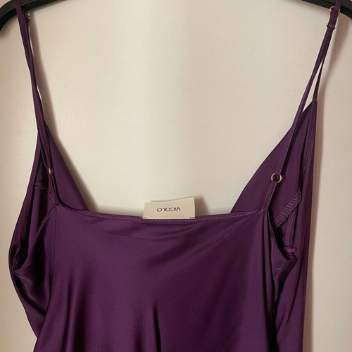 VICOLO purple satin long dress new with thin straps and draped detail