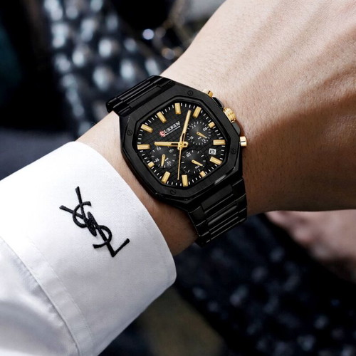 Ρολόι Curren Polygon Chrono καινούργιο, μαύρο με χρυσαφί λεπτομέρειες