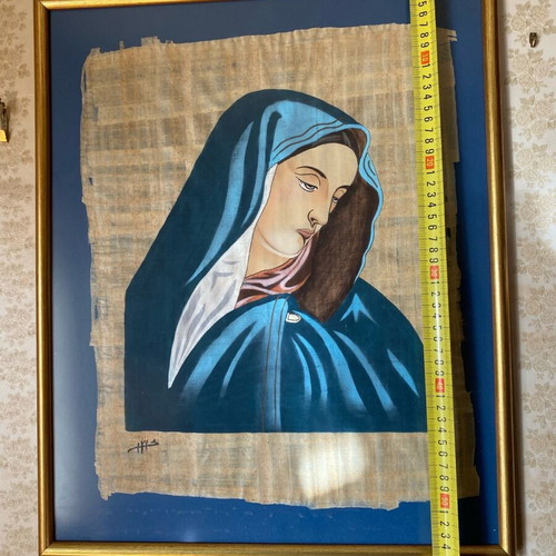 Painting of Virgin Mary on papyrus with gold frame like new