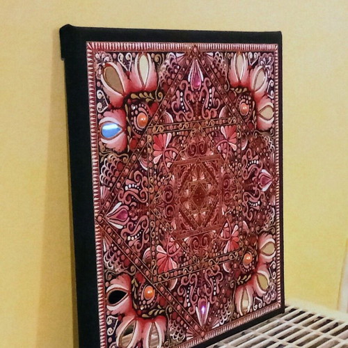 Square Mandala painting new on canvas with acrylics and decorative elements