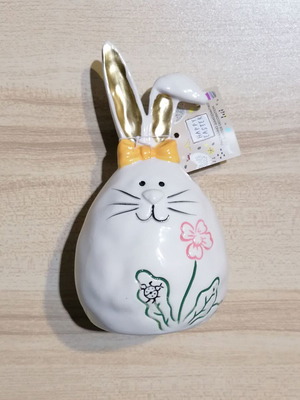 Easter ceramic decorative bunny egg-shaped with yellow bow new