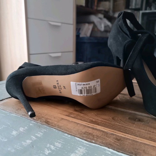 Badura leather suede high heels with ankle straps new, size 38, black