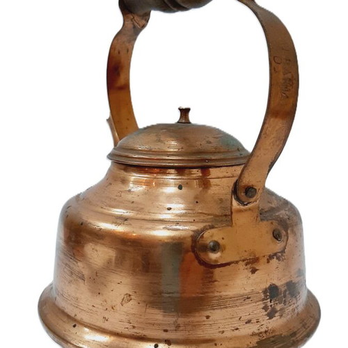 Vintage copper teapot used, 1980s, wooden handle