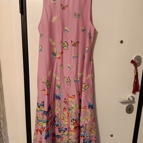 Women's long maxi dress like new, pink with colorful butterfly pattern