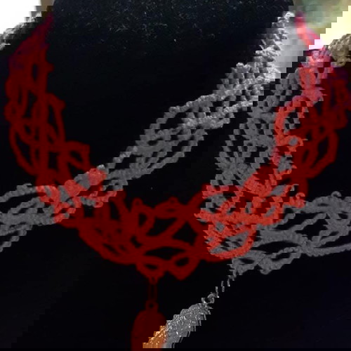 Χειροποίητο κολιέ με τεχνική needle tatting, ροζ βαμβακερή κλωστή