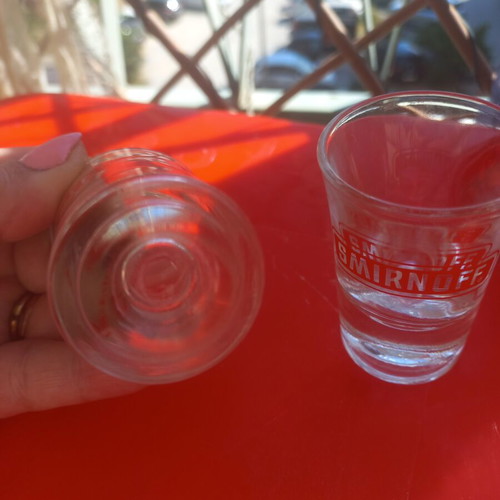 Smirnoff shot glass set 2 pieces 90's like new with ouzo bottle gift