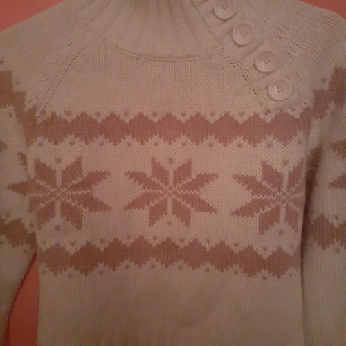Cropped knitted sweater with high collar and buttons, size Medium, white with pink pattern