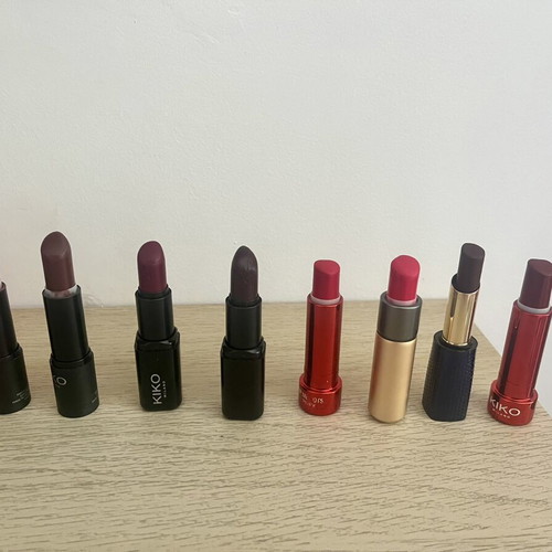 Kiko Milano lipsticks used, various shades red, burgundy, pink, brown