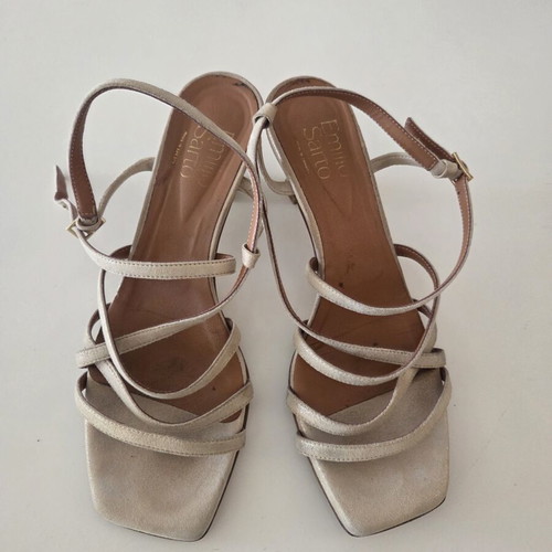 Emilio Sarto Strappy Square Toe Heel Sandals used, champagne metallic