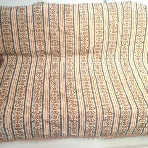 Woven traditional blanket used, beige with decorative lace, 180x260 cm
