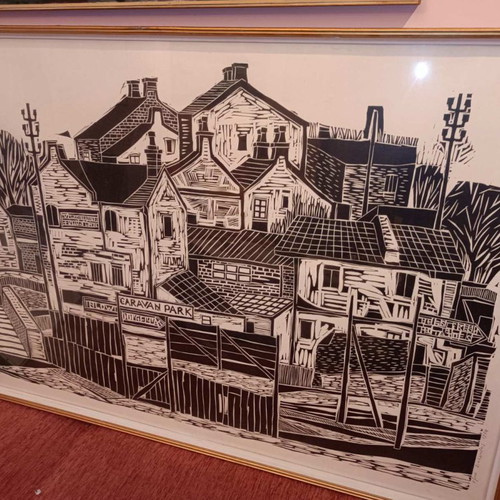 Sikeliotis woodcut "Village in Wales" 1974 used