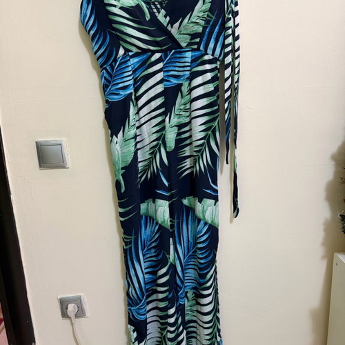 One-piece tropical print jumpsuit M/L like new with belt and chest support