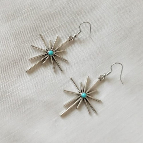Boho star earrings with turquoise stone, new, silver stainless steel