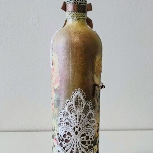 Handmade Decorative Sealed Wine Bottle Vintage Decoupage with Lace and Corset