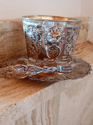 Silver-plated ice bucket with tray and tongs like new