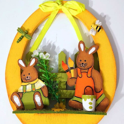 Easter wooden decorative basket with bunnies new