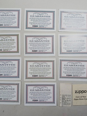 Zippo pack of 12 used warranty cards for lighters