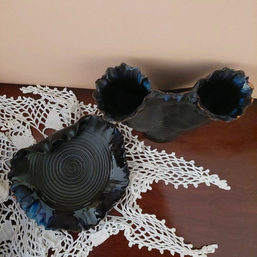 Set of 3 used clay decorative items with porcelain, blue-light blue-black