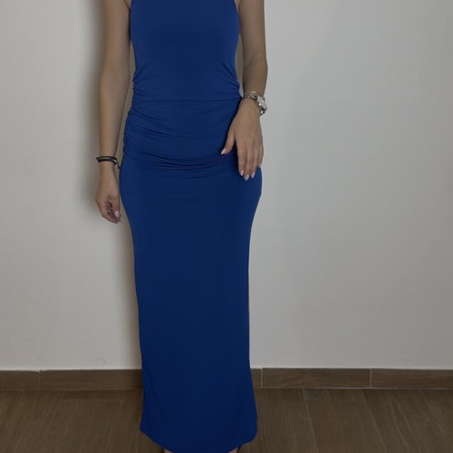 Elastic dress with ruching and open back, new, blue, size M