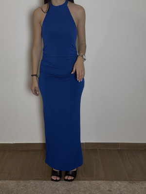 Elastic dress with ruching and open back, new, blue, size M