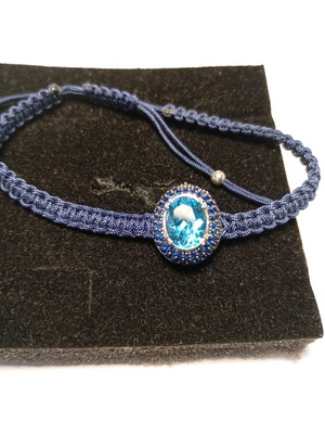 Handmade macrame bracelet 925 with oval Topaz Sky 8x6 and blue stones new