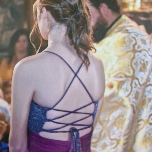 Evening dress purple like new with glitter and lace-up back