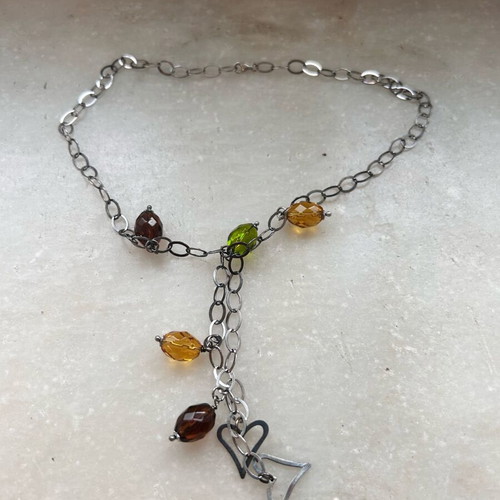 Sterling silver chain necklace with multicolour beads and heart charms like new