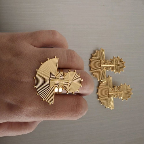 Set earrings with adjustable ring new, gold-colored
