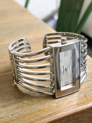 Cuff women's wristwatch silver with square dial and open bracelet new