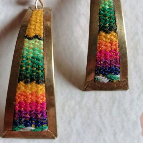 Handmade earrings new from alpaca metal and colorful woven wool