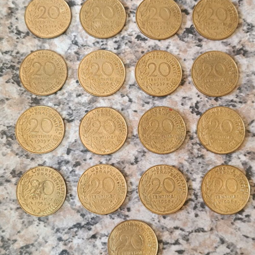 French coin collection used, 17 pieces 20 centimes 1981-1997