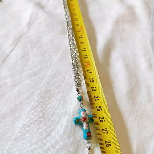 Cross on metal chain like new, turquoise and silver